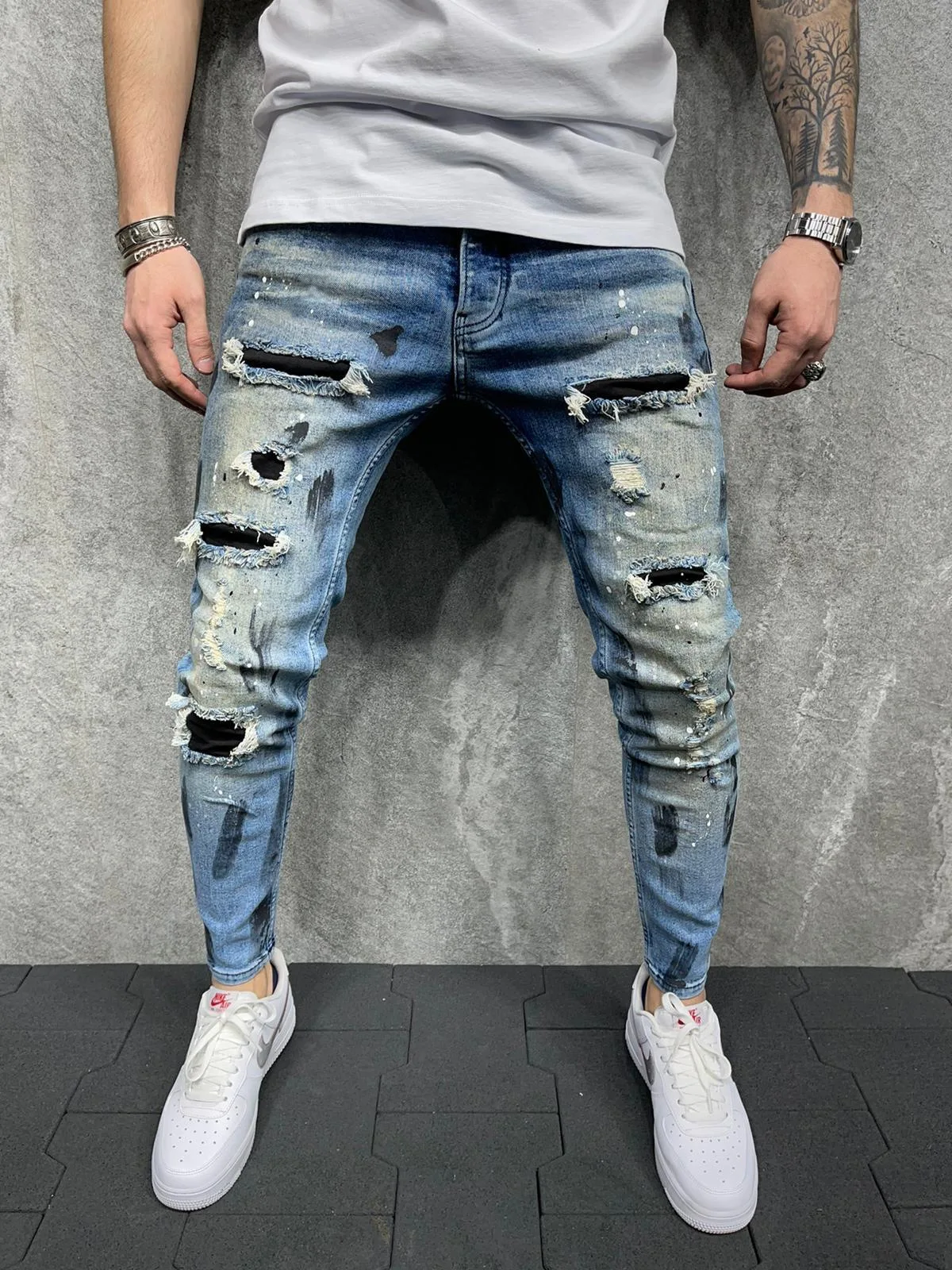 2023 Men\'s Jeans Ripped Pants Mid-Waist Elastic Sports Tight Autumn Comfortable Casual Boys Small Feet Pants