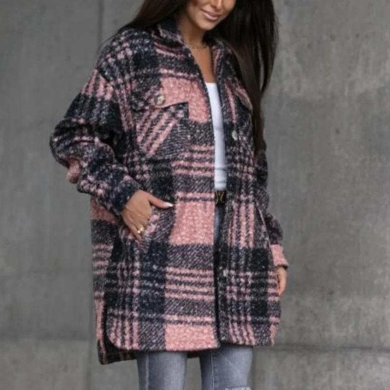 2023 autunno e inverno moda Strappy Plaid cappotto di lana risvolto monopetto temperamento di media lunghezza abbigliamento Casual da donna