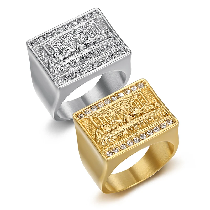 Hip Hop Bling Gold Color Stainless Steel The Last Supper Square Rings for Men Rapper Jewelry Drop Shipping