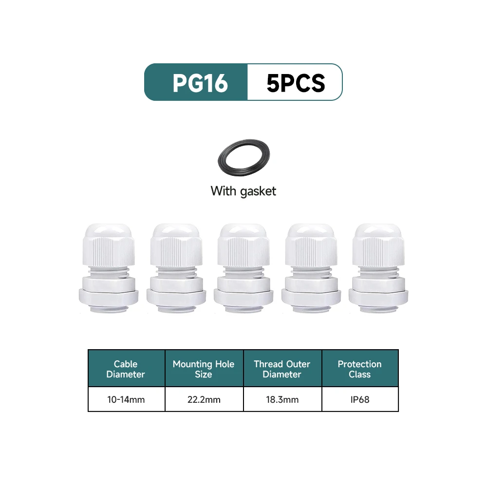 5/10 Stück wasserdichte Kabelverschraubung aus Nylon, IP68, PG7, PG9, PG11, PG13,5, PG16, für 3–14 mm Kabel, Draht, Sicherungsmutter, Verbindungsstück, weiß