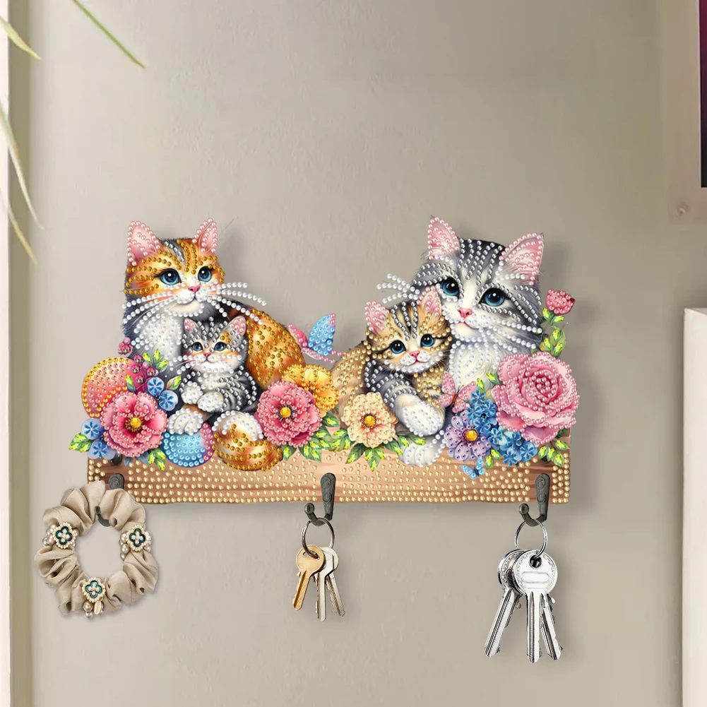 Wooden Special Shaped Warm Animal Family Rhinestone Painting Keychain Hanger Diamond Art Craft Wall Hooks for Beginners Adults