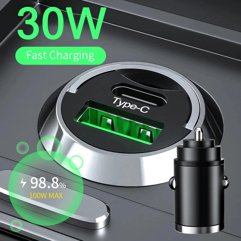 Type C Mini Car Charger 12-24V Lighter Fast Charging Quick Charge 3.0 USB+PD 2 Port Car Charger for Xiaomi Samsung Huawei iPhone
