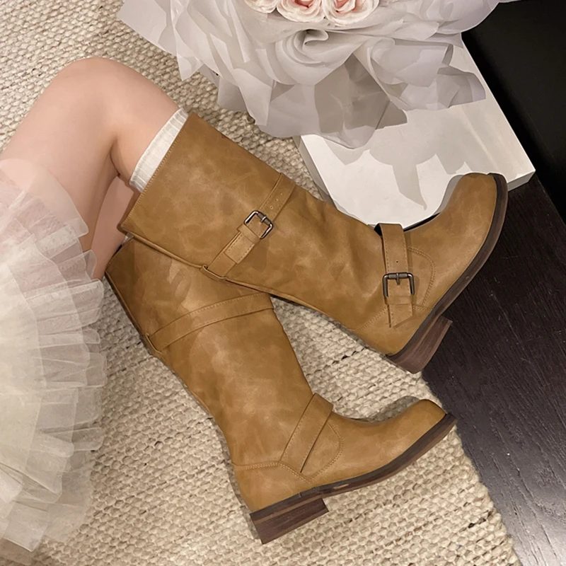 New Women Knee High Boots Round Toe Block Heel Faux Leather Buckle Straps Pull On Casual Ladies Office Autumn Winter Boots Shoes