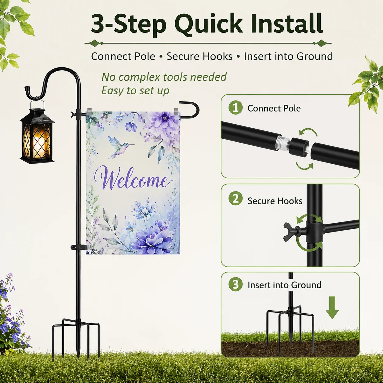 Black Rust-Resistant Garden Flag Stand | Ground-Mounted Wrought Iron Flagpole | Solid Base for Instant Stability | Two-in-One Design: Hang Garden Flags and Hanging Baskets | No Drilling Required | Sturdy and Wind-Resistant | Outdoor Decorative Stand for Y