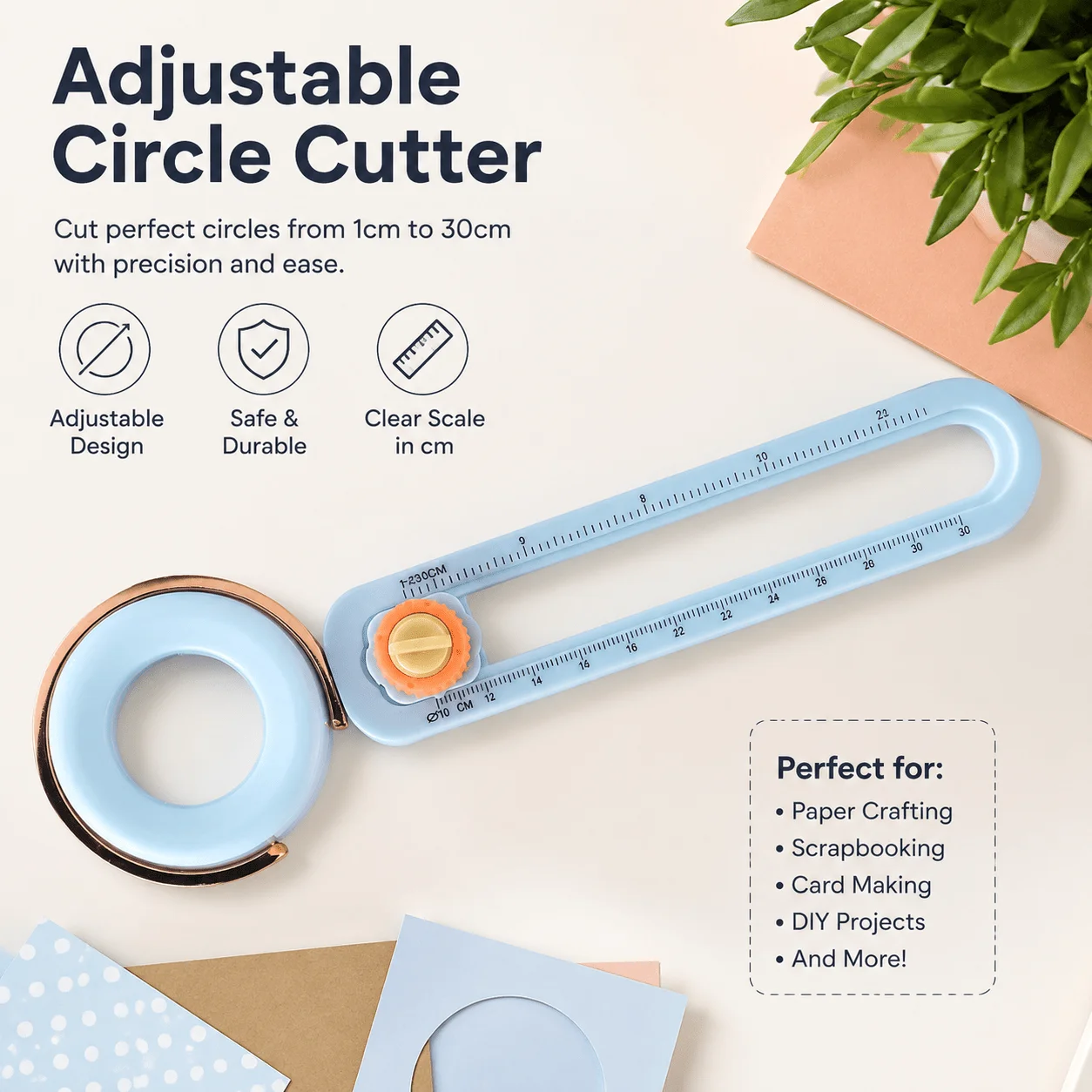 Cortador de Círculos Ajustável 10-32cm de Diâmetro, Ferramenta de Corte de Papel, Régua Retrátil com Escala Dupla, Lente de Aumento, Suprimentos para Artesanato DIY