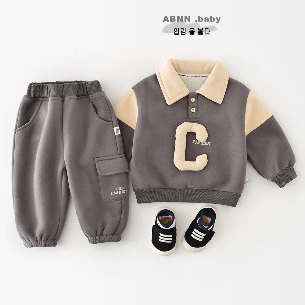 Boys Lapel Sweatshirt + Pants 2pcs Suit Infant Plus Velvet Thick Outfits 2025 Winter New Baby Long Sleeve Warm Clothes Set