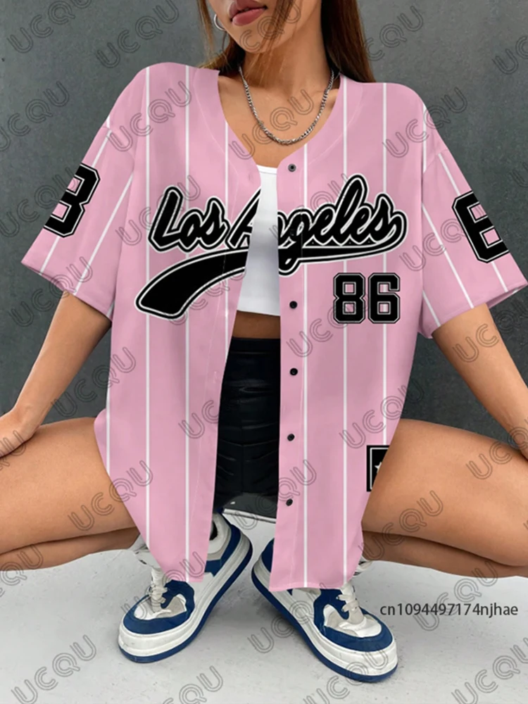 Red LA 86 Stripe Baseball Shirt | Summer Streetwear Button Up Top for Women Men