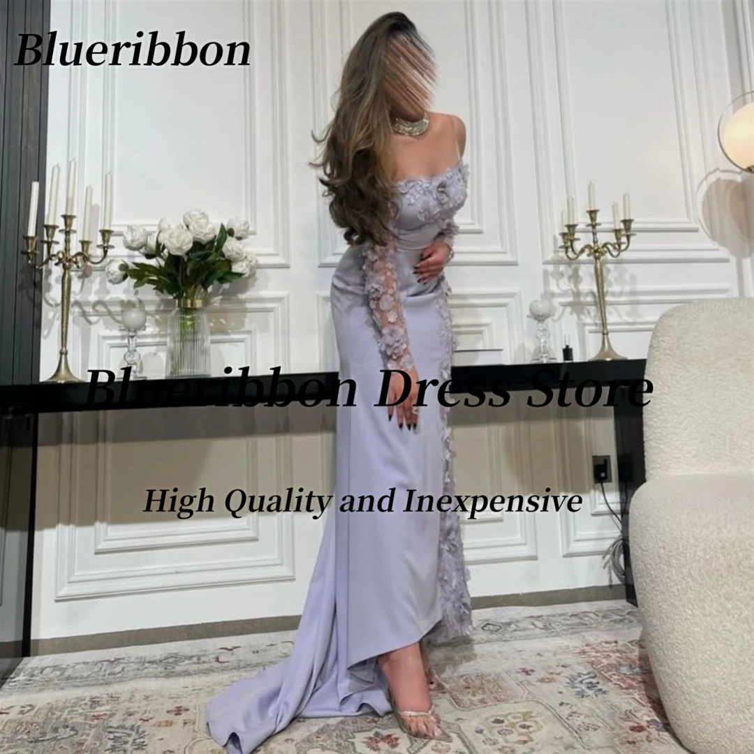 

Blueribbon Robes De Soirée Long Sleeves Prom Dresses Flowers Lace Mermaid Party Evening Gowns Zipper Back Wedding Guests Dress