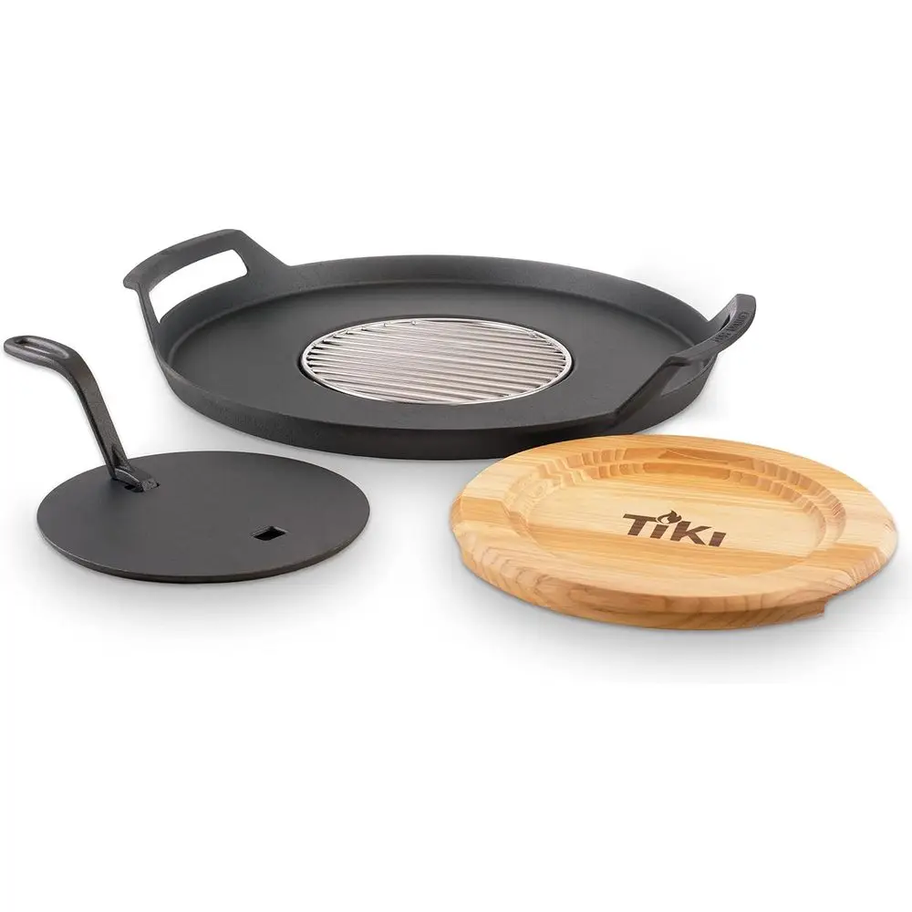 

Outdoor Cast Iron Griddle & Grill Combo, 16-21 Size, BBQ and Camping, with Trivet & Gloves, Black