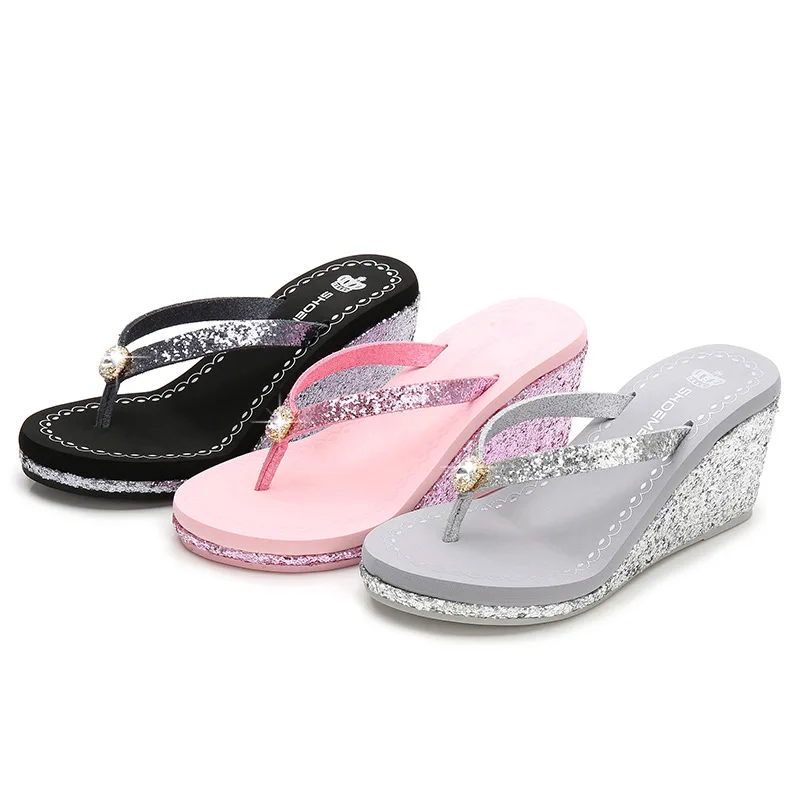 Beach Shoes Ladies\' Slippers Slipers Women Heeled Mules Glitter Slides Rubber Flip Flops On A Wedge Platform Sabot 2024 High Sum