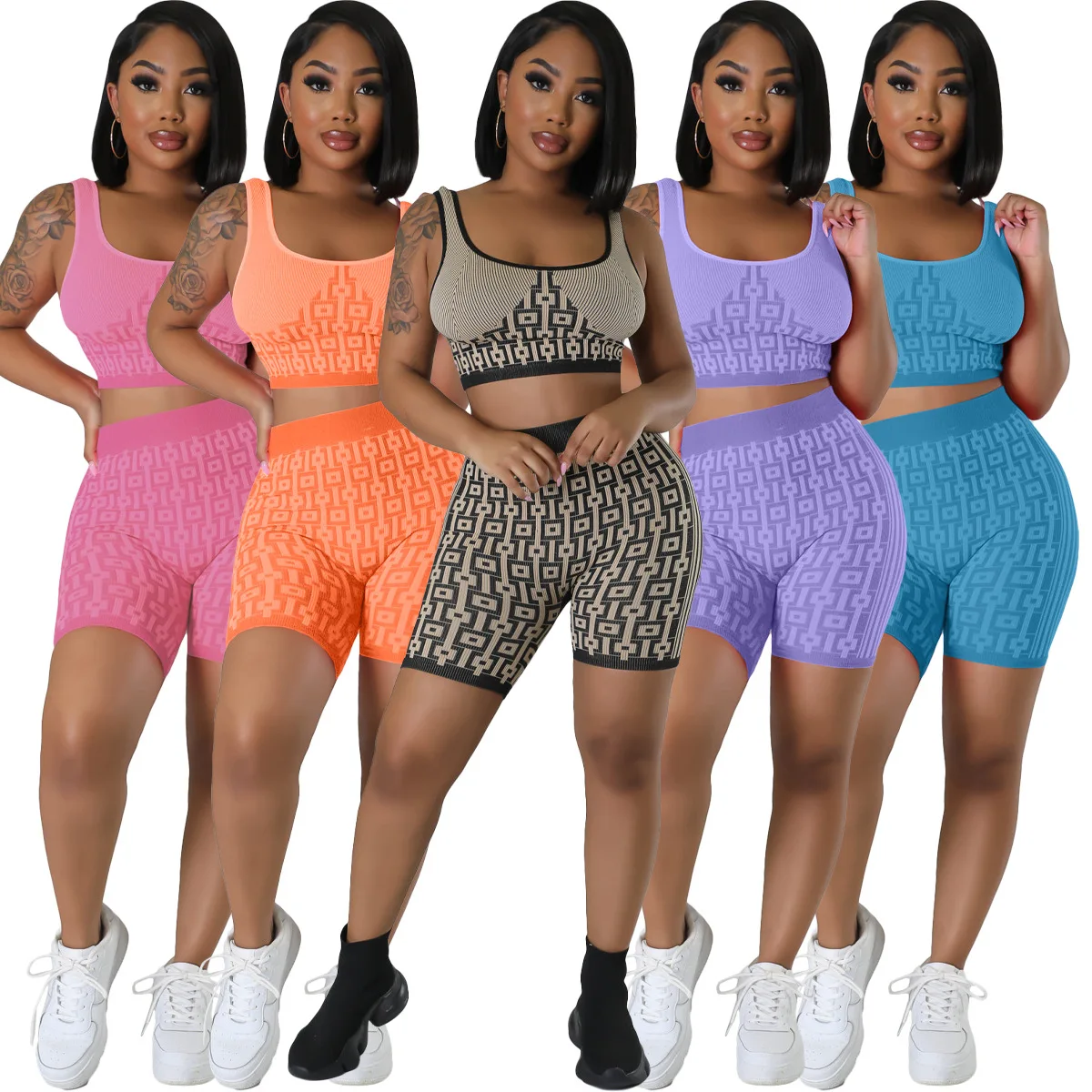 

Casual Printed Two Piece Set Tank Crop Top Biker Shorts 2 Piece Set Sporty Joggings Women Clothes Summer Streewear Tracksuit