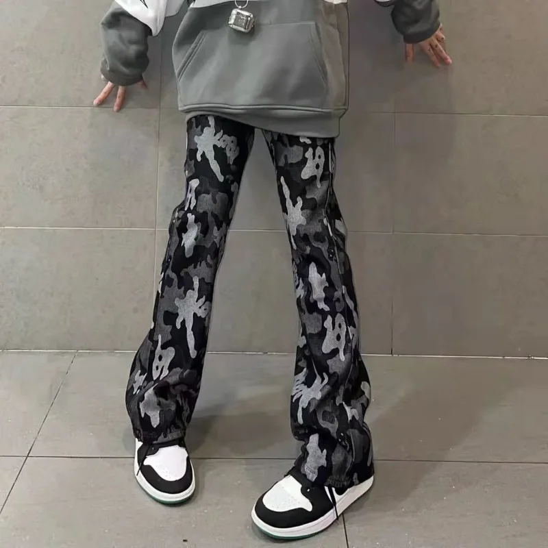 

Camouflage Print Wide-Leg Casual Pants Spring Autumn Loose Denim Female Clothing American Button Hip-hop Retro Bootcut Trousers