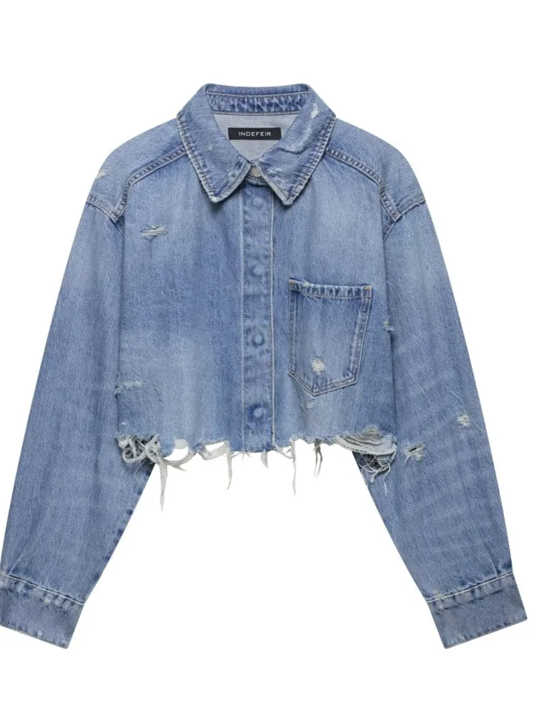 KIDCRKJ Blauw Dames Lentejas Drop Schouder Losse Korte Vrouwelijke Denim Jas Vintage Reverszak Single Breasted Lady Jean Jas - afbeelding 2