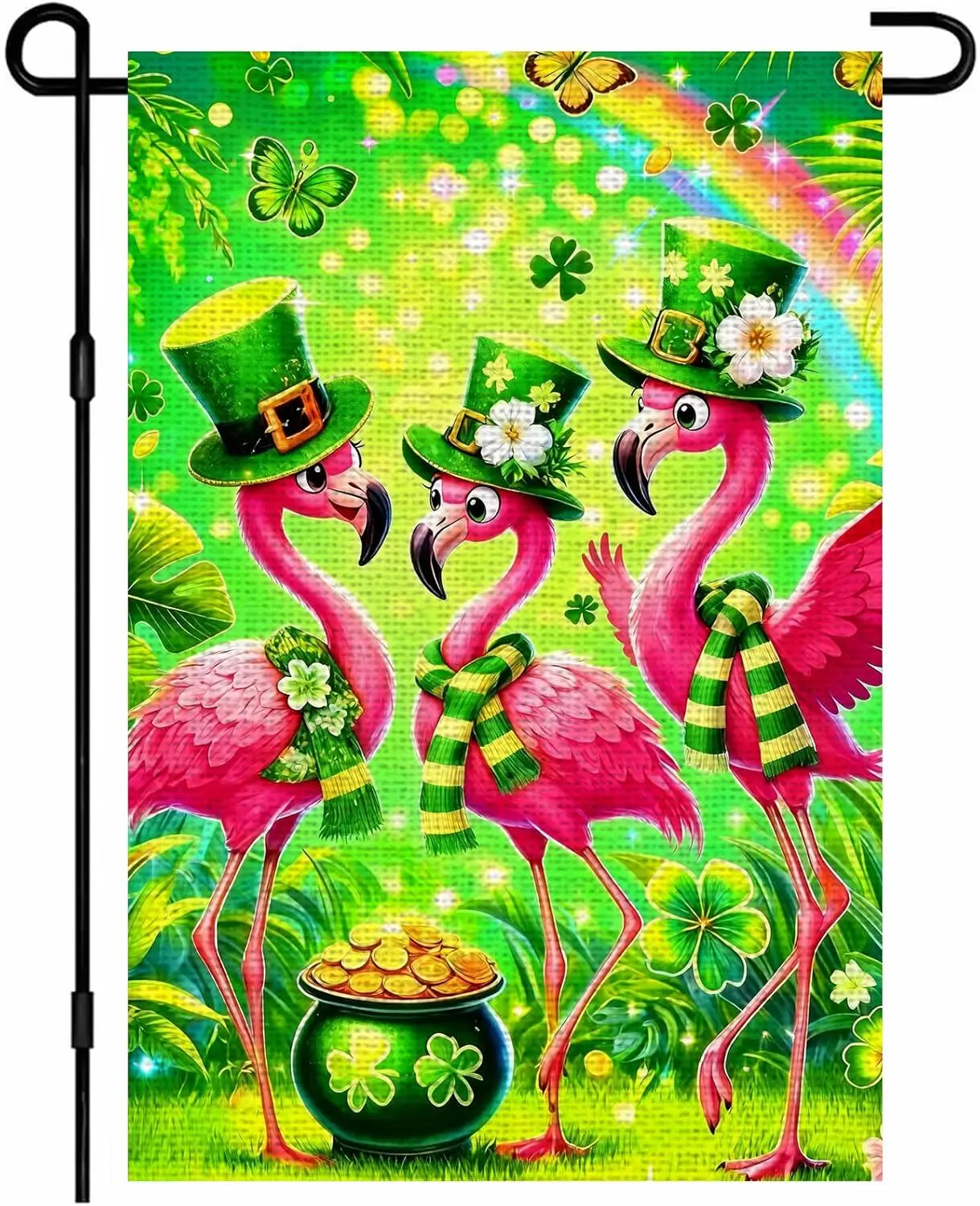 IVN St Patricks Day Irish Flamingos Garden Flag 12x18 Pink Flamingo Trio Leprechaun Hats Green Scarves Shamrock Pot Of Gold  ZZM
