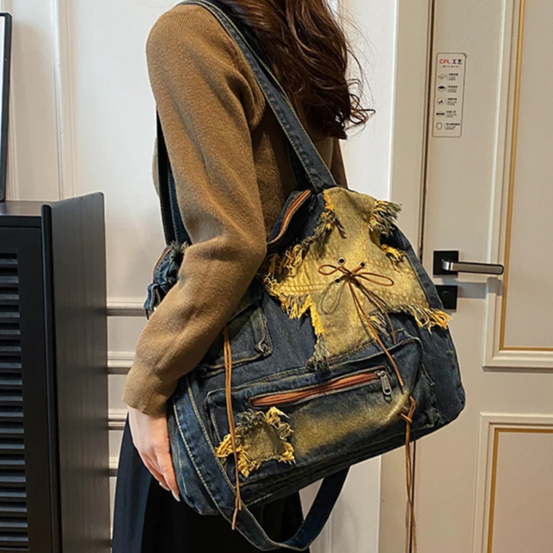 Korean Y2K Denim Cloth Bags For Womens Luxury Designer Handbag And Purse 2023 New In Vintage Distressed Large Capacity Messenger