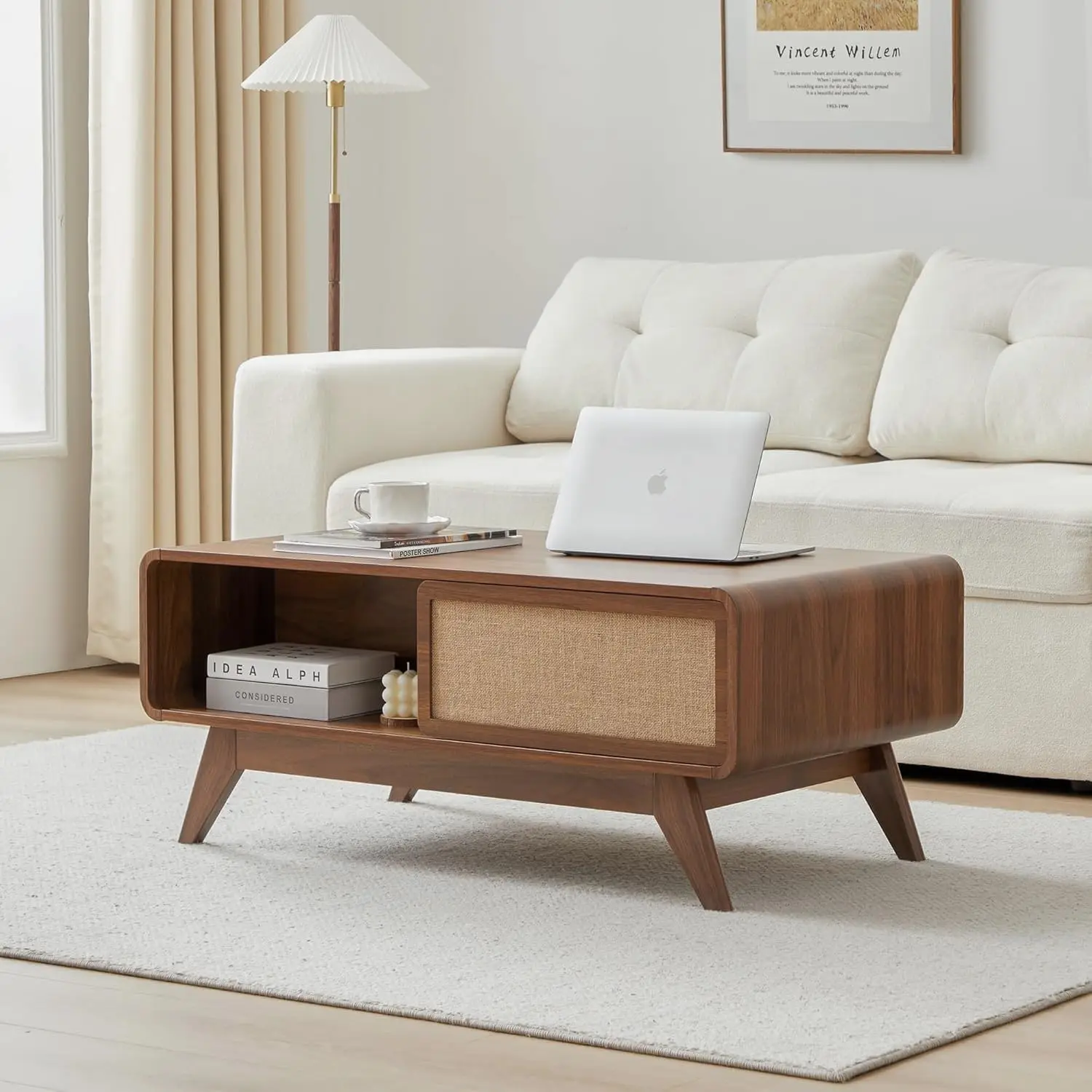 

Modern Coffee Table With Storage, Curved Edge Wood Coffee Table With Sliding Nature Linen Door,, Customized