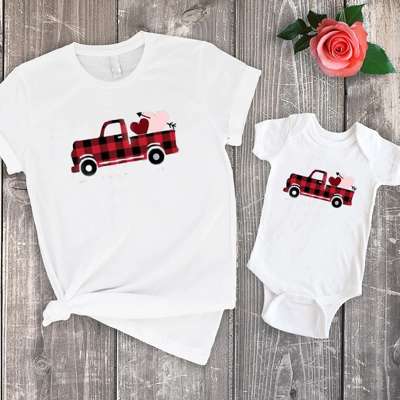 

Mommy and Me Shirt Red Heart Valentine's Day Truck Mom and Son Matching Clothes Baby Girl Fashion Plaid Tshirt Family Look