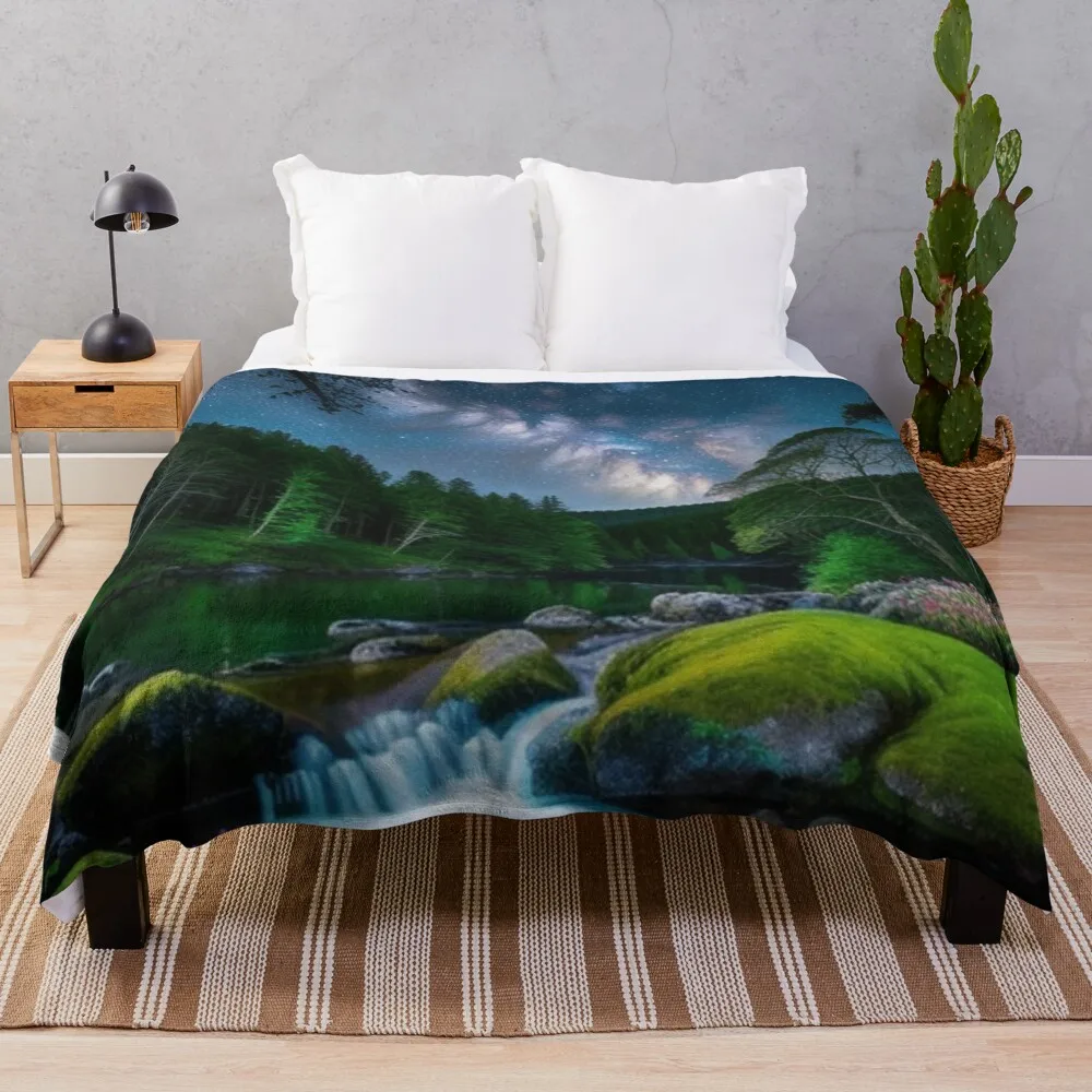 Tranquil Night Sky Milky Way Over Serene Lake Throw Blanket Winter beds Cute Plaid Thins Blankets