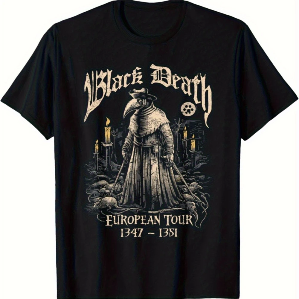 Black Death European Tour T-Shirt Medieval Plague Doctor Bohemian Charti Graphic Loose Fit Casual Streetwear for All-Season