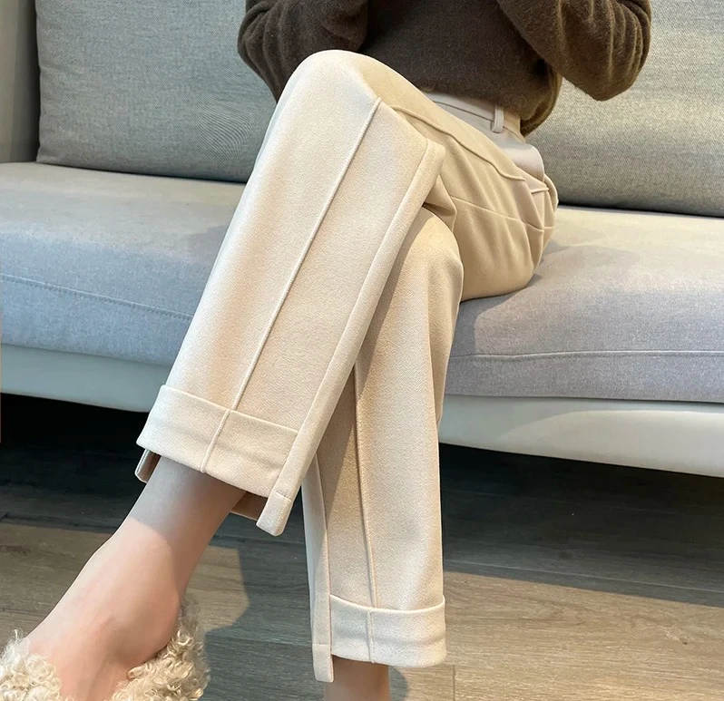

Woolen Pants Women's Harem Pencil Pants Autumn Winter High Waist Casual Pantalones Beige Black Women