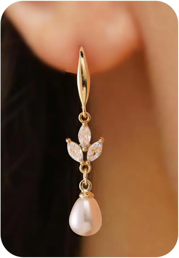 14K vergoldete, zierliche Perlen-Tropfen, einfache Hochzeit, CZ, baumelnd, niedliche Ohrstecker für Bräute, Ohrringe für Frauen, Geschenke