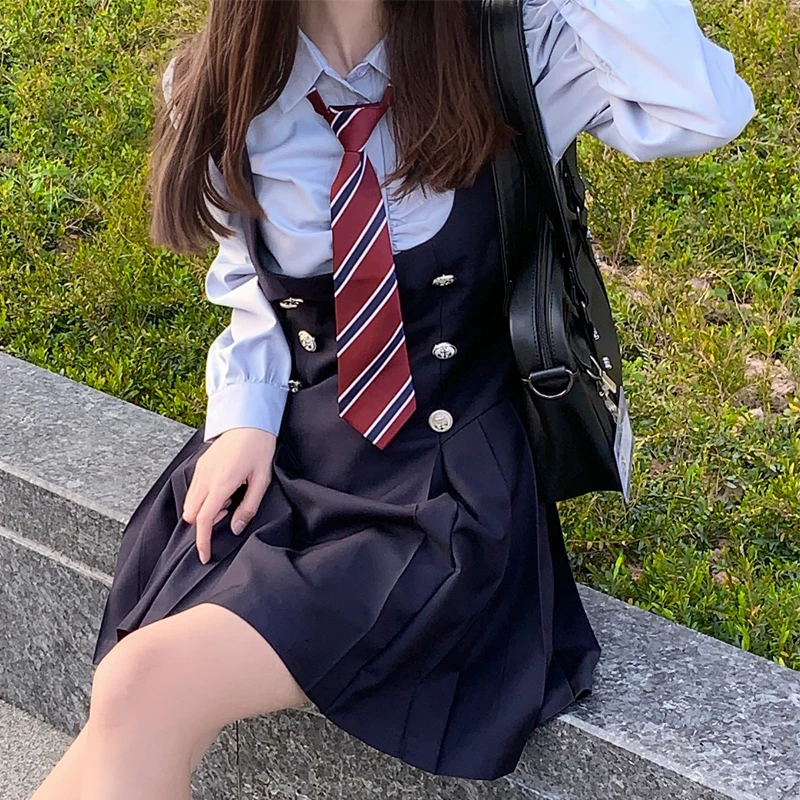 College Style Girls JK Uniform Dress Suit Navy Summer American Spicy Girl Slim Uniform Set Preppy Casual bretella Vest Dress