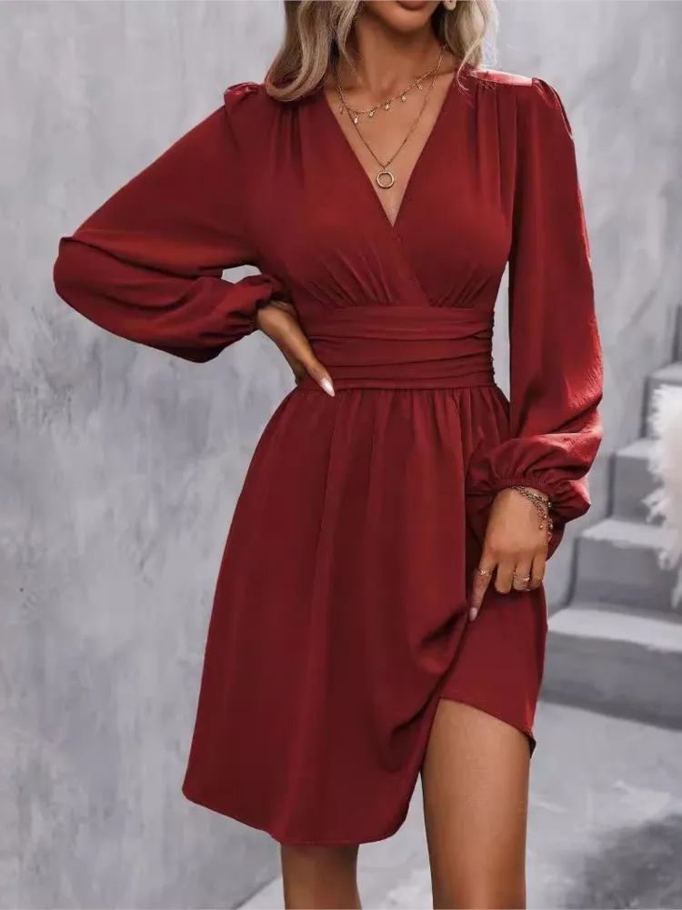 

Fashion Solid Color Elegant Short Dress For Women 2025 Autumn Bohemian Sexy Dresses Slim Lantern Sleeve Ruffles Casual Vestidos