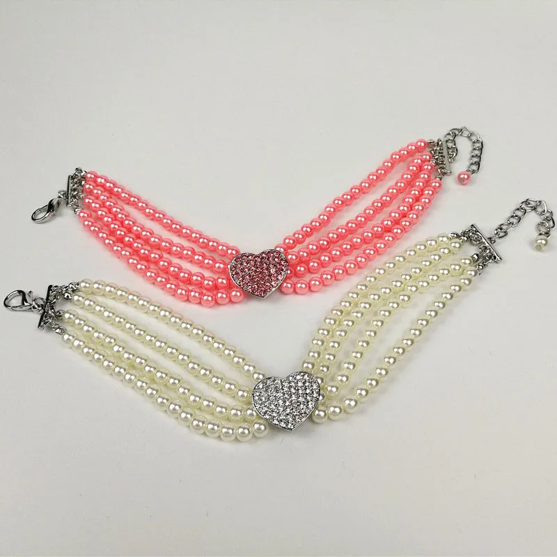 

Luxury Dog Collar Necklace Pink White Blue Dog Accessories Four Rows Pearl Adjustable Jewelry Collars For Cats Dogs Products S-L