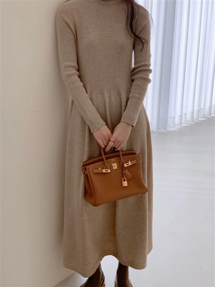 

Vintage Knitted Warm Korean Winter Solid New Sweater Dress Women Woman 2022 Elegant Autumn Clothing Turtleneck Thick Dresses