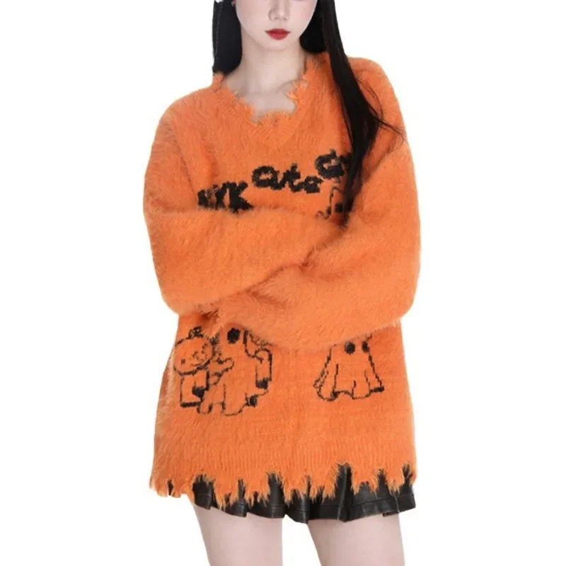 Pullovers Women Pumpkin Color Halloween Atmosphere Couple Knitted Sweaters American Retro Printed Irregular Hem Loose Trendy