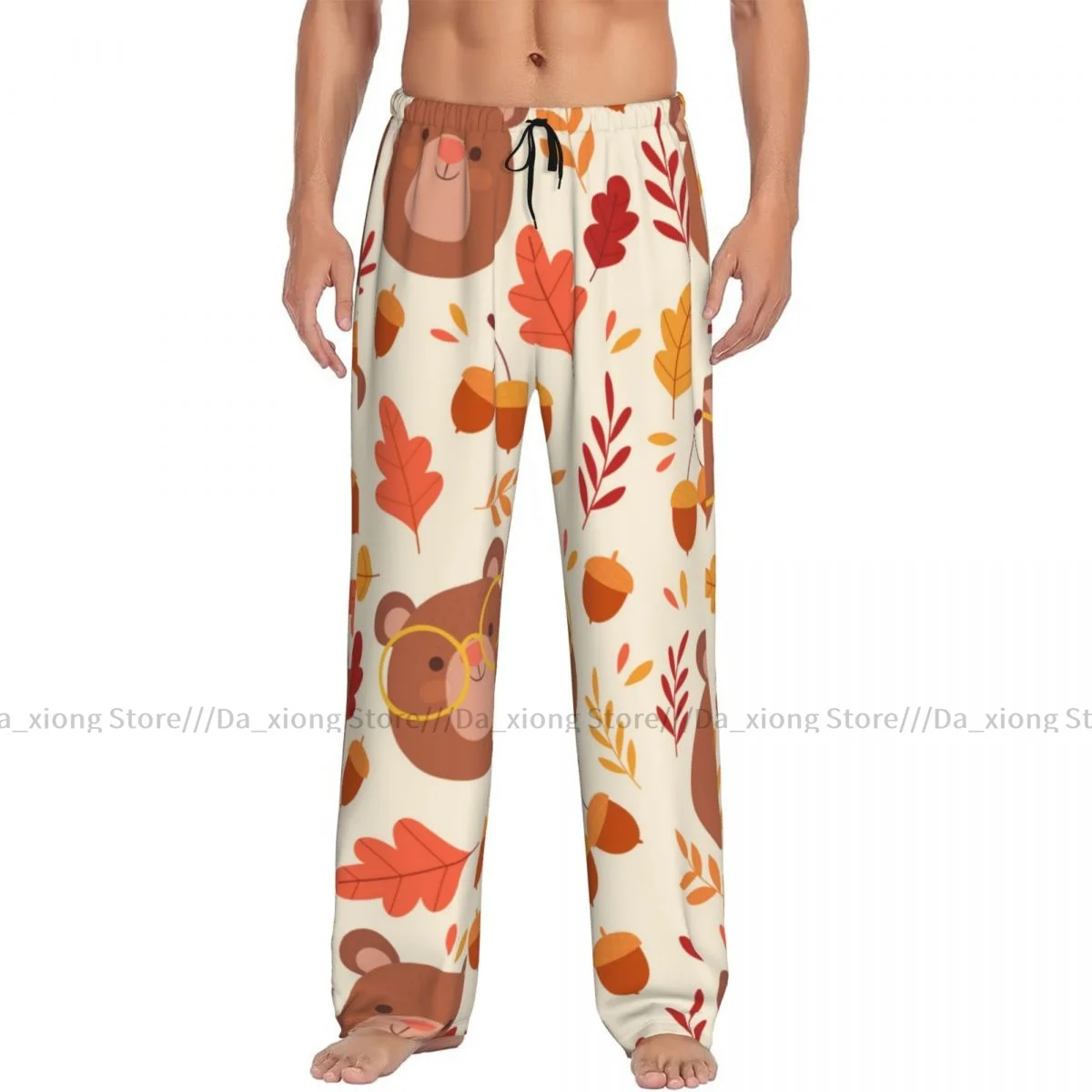 Men's Sleepwear Loose Sleep Pants Pajamas Cute Autumn Bears And Leaves Long Lounge Bottoms Casual Homewear