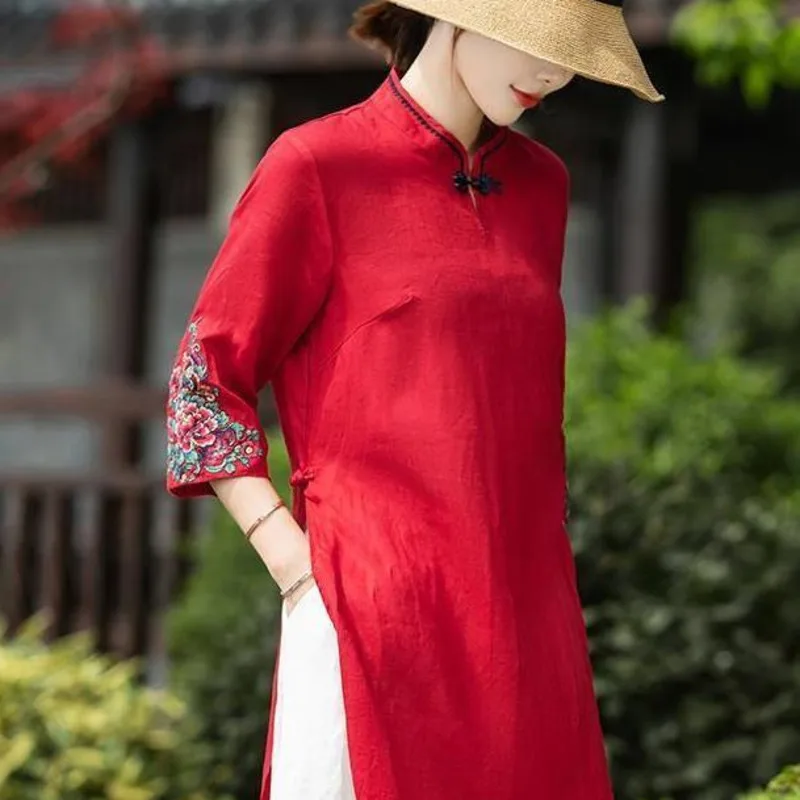 National Style Embroidery Cotton Linen Shirt Women Mid-length Chinese Vintage Blouse Traditional Elegant Loose Female Hanfu Tops