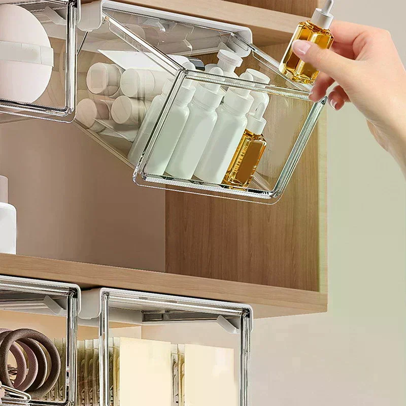 A Transparent Cosmetic Storage Box For Storing Toiletries, Makeup Remover Pads, Lipsticks, Cotton Swabs, And Bathroom Supplies