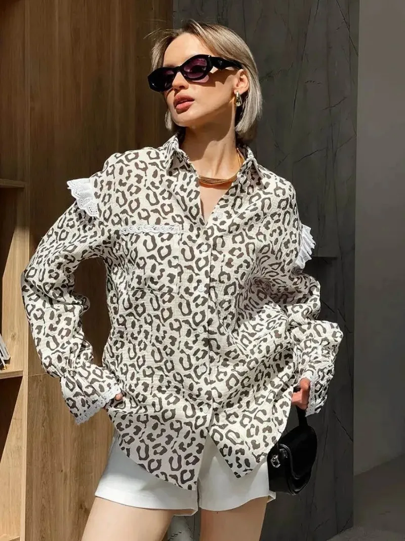 

2025 autumn fashion cotton and linen casual and niche temperament leopard print long sleeved shirt European/American loose top