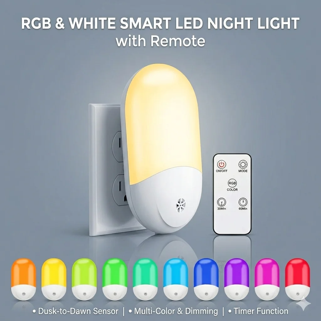 

Warm White RGB LED Night Light Plug-In Wall Mount with Dusk to Dawn Sensor for Kids Bedroom Wall Night Light