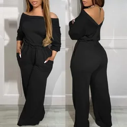 Jumpsuits Women Off Shoulder Full Sleeve One Piece Tight High Waist Wide Leg Long Pants Overalls Loose Casual Rompers Elegant