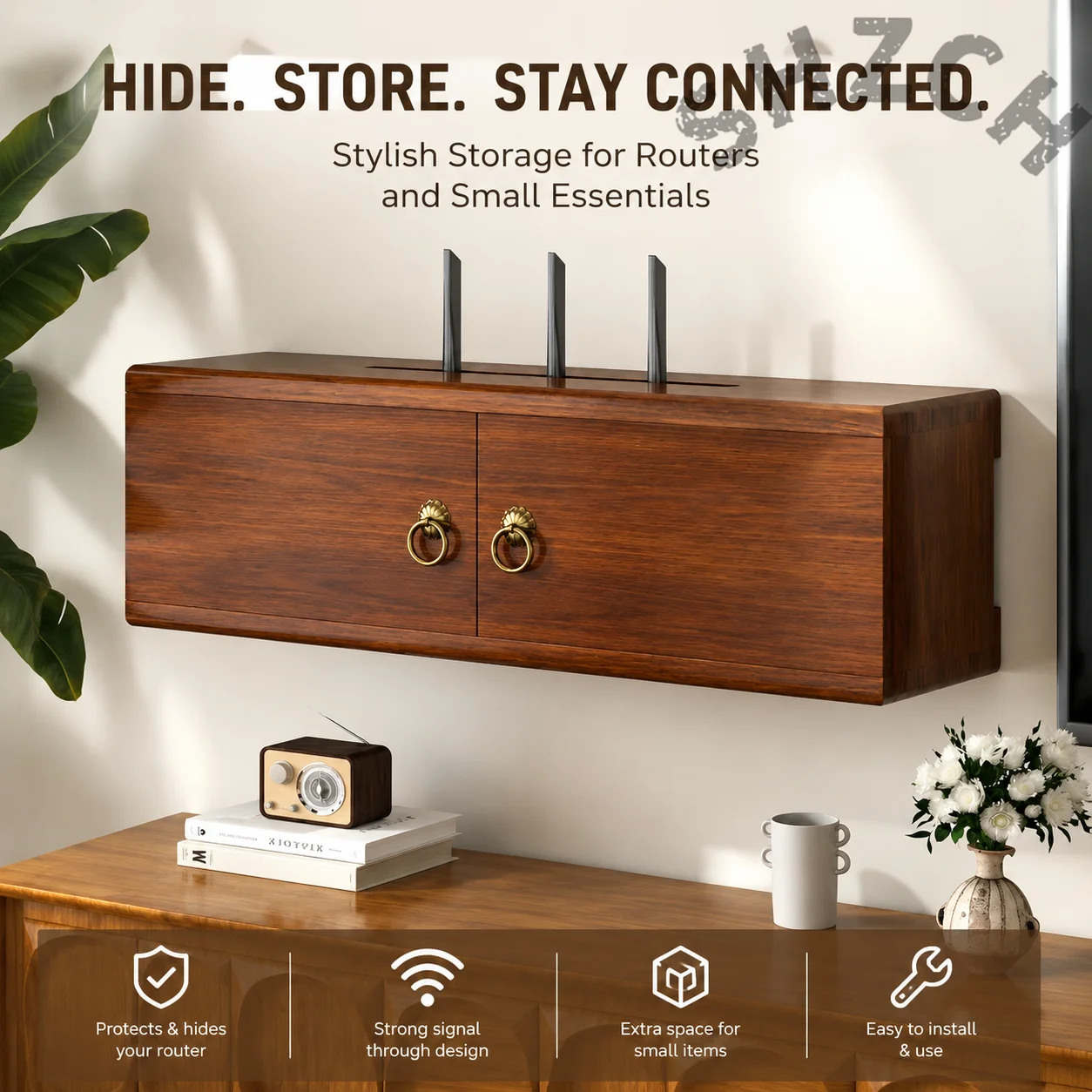 Sliding Door Pine Wood Wall-Mounted Router Shelf with Cable Management for TV, Home, and Office Use