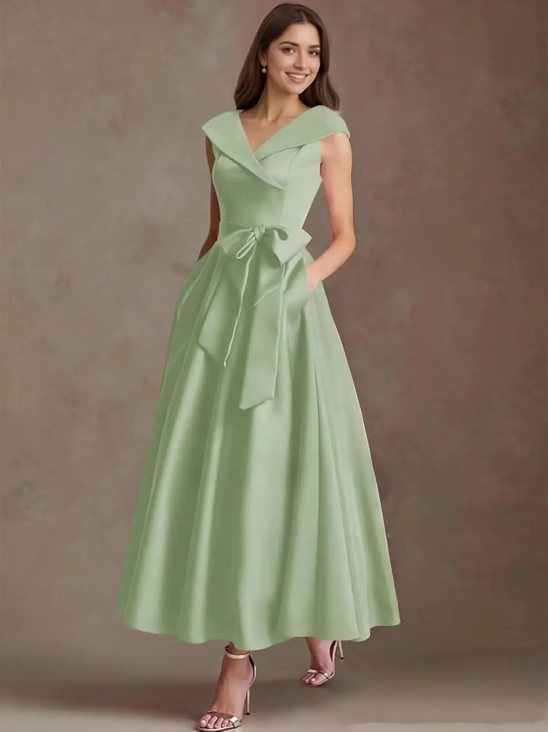 

Satin Mother of The Bride Dresses with Bow Tea Length V Neck Bodycon Formal Evening Wedding Guest Dress for Women with Pockets