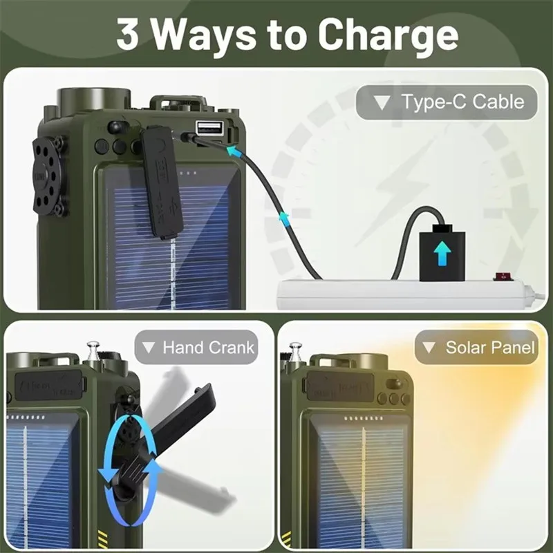 Outdoor Solar Emergency Hand Crank Dynamo Radio USB Portable Vintage AM/FM/SW Full-band Radio BT 5.0 Speaker With Flashlight SOS