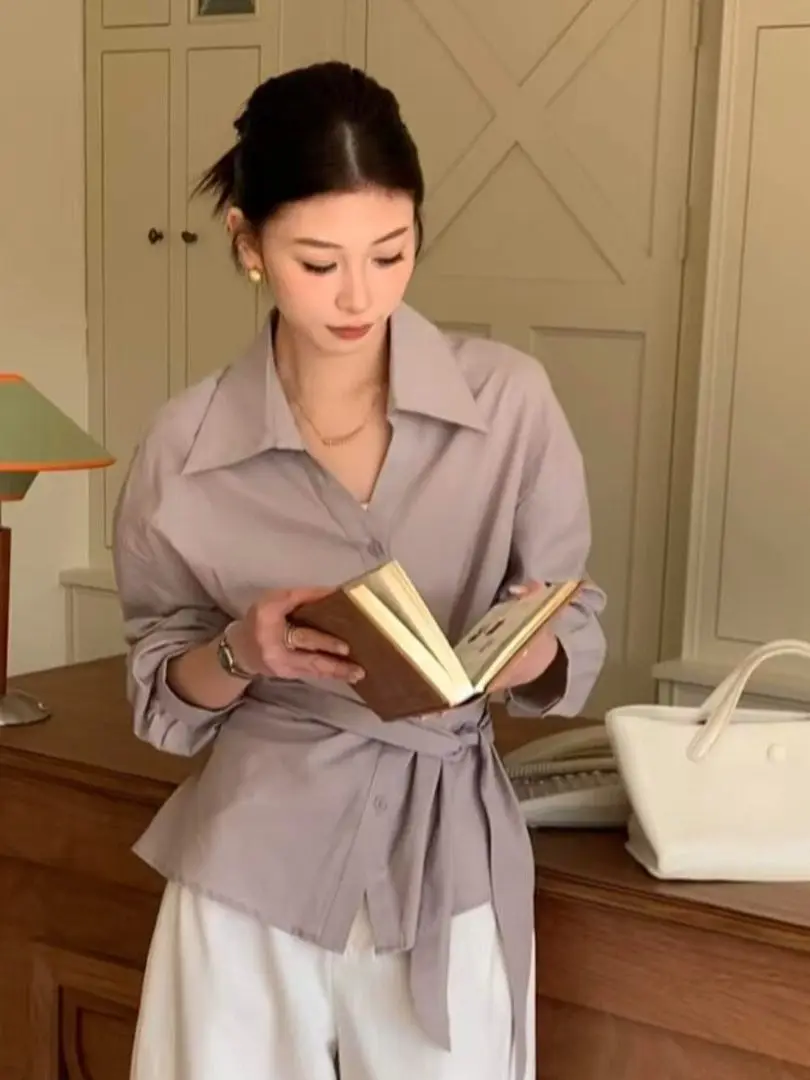 

Ele Spring Open Cardigan Women's Collar Waist Cinched Belted Button up irt Trendy Mature Sle Long Sve ort L...