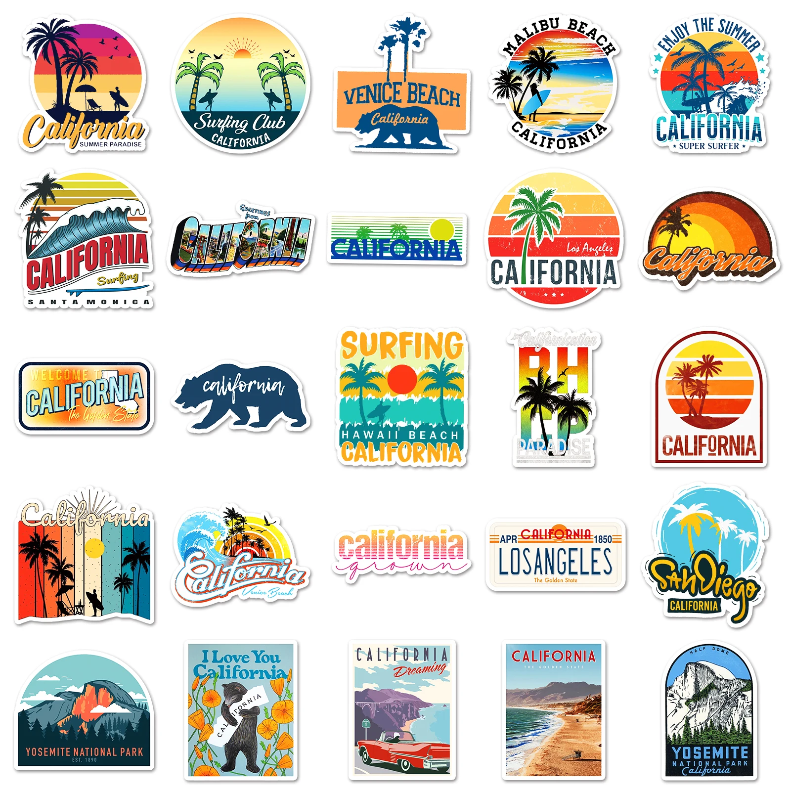 50Pcs California City Series Cartoon Cute Waterproof Sticker Skateboarding Snowboard Retro Vinyl Sticker