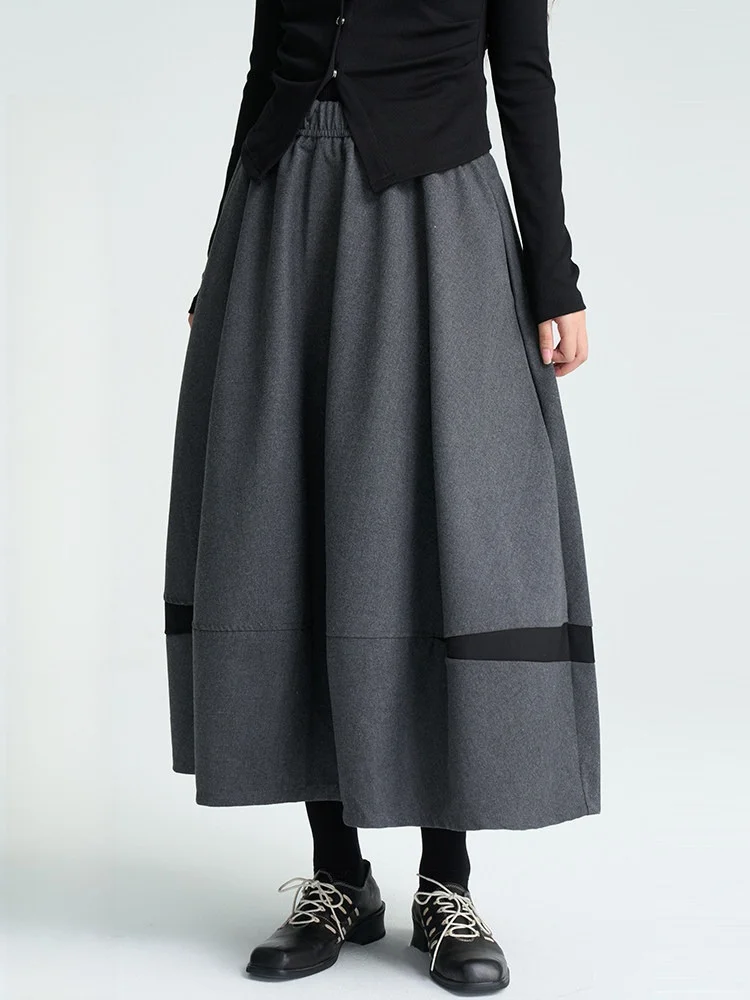Land And Mountain Island Autumn Winter Color Block Woolen  Skirt Women's A-Line Long Skirt Black Pleated Skirt