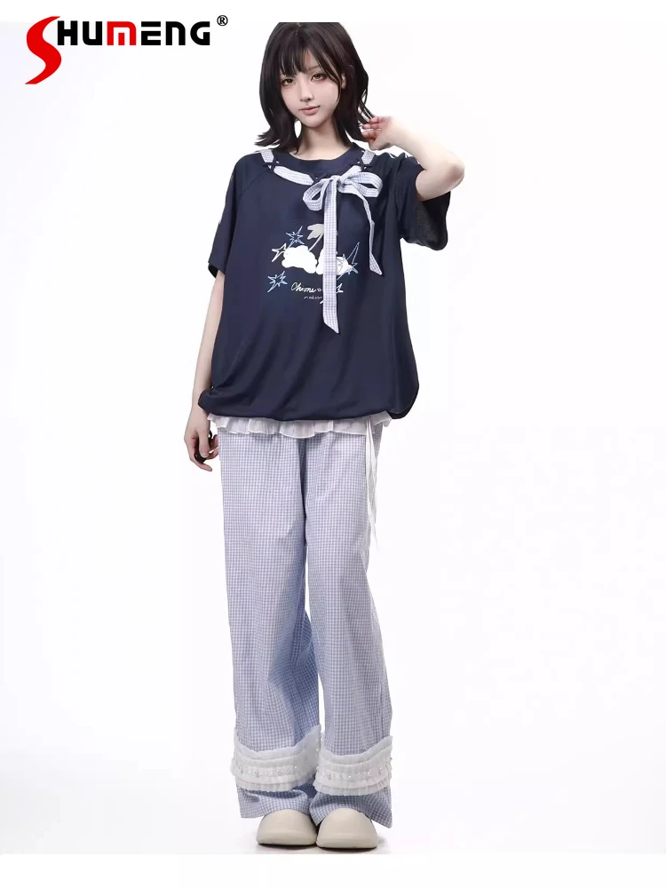

Fashion Sweet Cool Girl Crew Neck Plaid Lace-Up Bow Casual T-Shirt High Waist Loose Versatile Long Pants Sets Women 2026 Summer