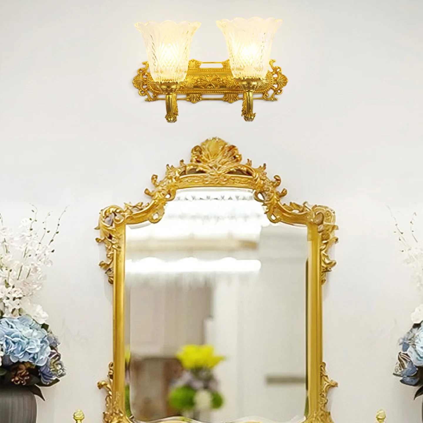European Classic Foyer Bedroom Cloakroom Long Strip Brass Wall Lamp Hotel Bathroom Glass Floral Wall Light