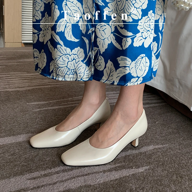 

Taoffen Fashion Women's Pumps Real Leather Thin Heels Square toe High Heel Fashion Soft Slip On Solid Casual Office Lady Shoes
