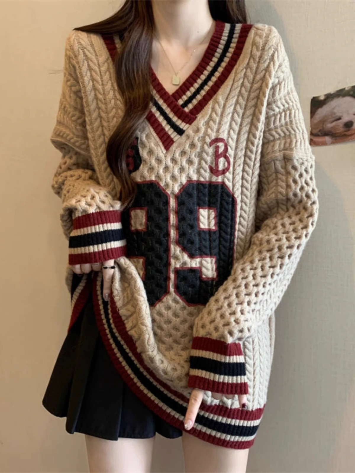 

Loose Long Sleeve V-Neck Striped Sweater Women's Autumn Fashionable Comfortable Knitted Top Casual Versatile Color Block Shirt