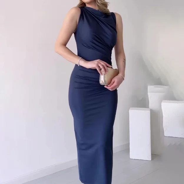 

Summer Women's Temperament Solid Color High Waist Slim Pleated Design High Waist Long Dress Elegant Slim Fit Hip Hugging Dress