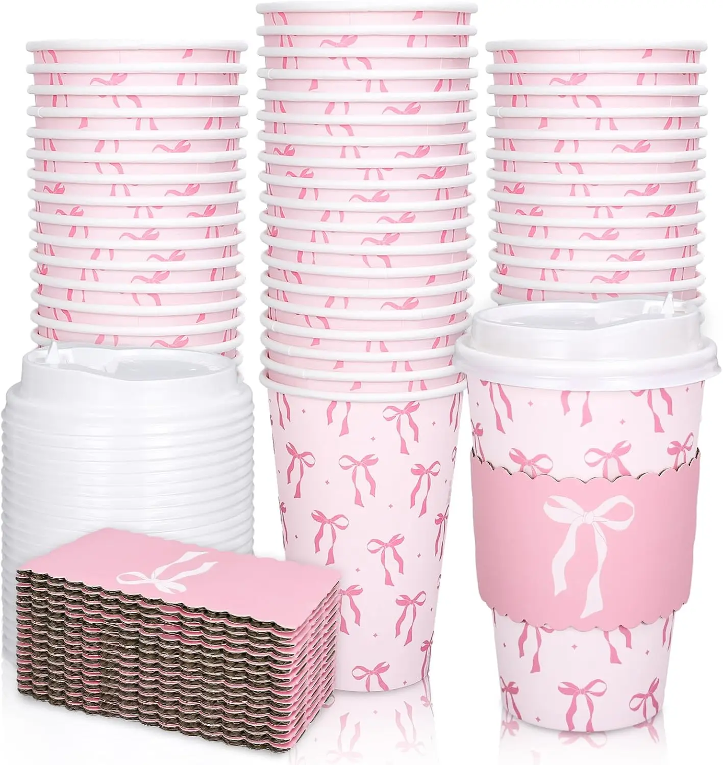 

50 Set Pink Bow Disposable Coffee Cups with Lids and Sleeves Coquette Bowknot Paper Drinking Cups for Valentine's Day Mo