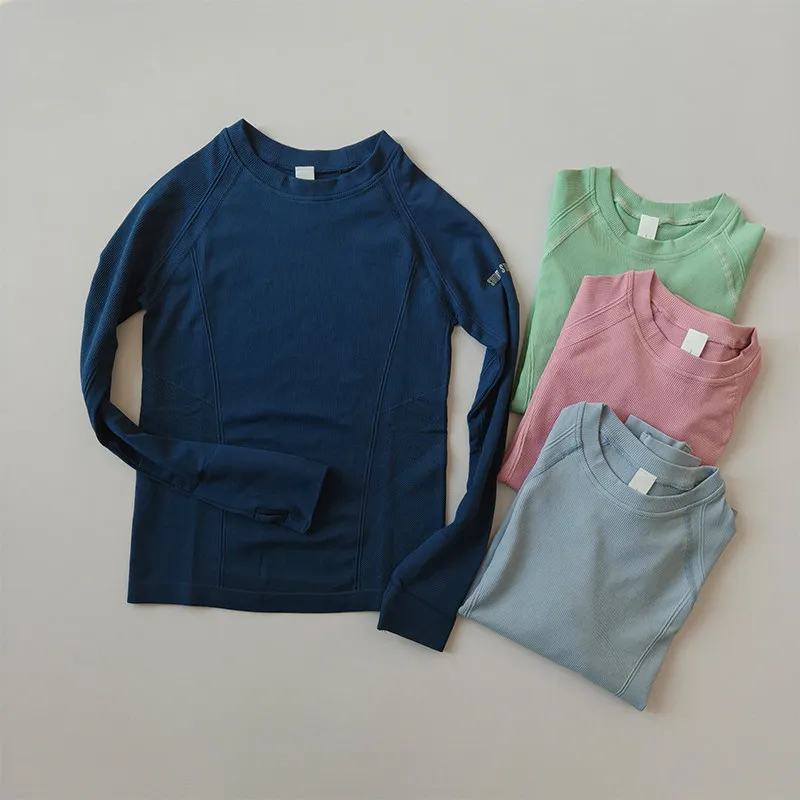 Women's Round Neck Solid Color Sports Seamless T-Shirt Long Sleeve Seamless Yoga Wear Top Slim Fit Fitness Wear Shirts Clothes