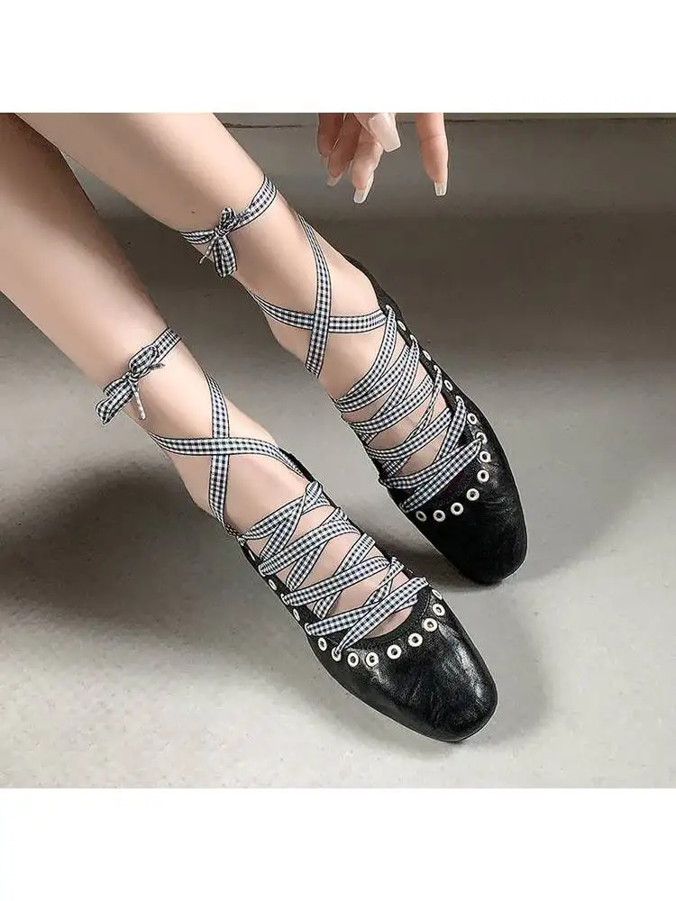 Women Sheepskin Ballet Flats Round Toe Lace Up Mary Jane Inner Elevated Non Slip Rubber Sole Daily Casual Pumps Black RedF46